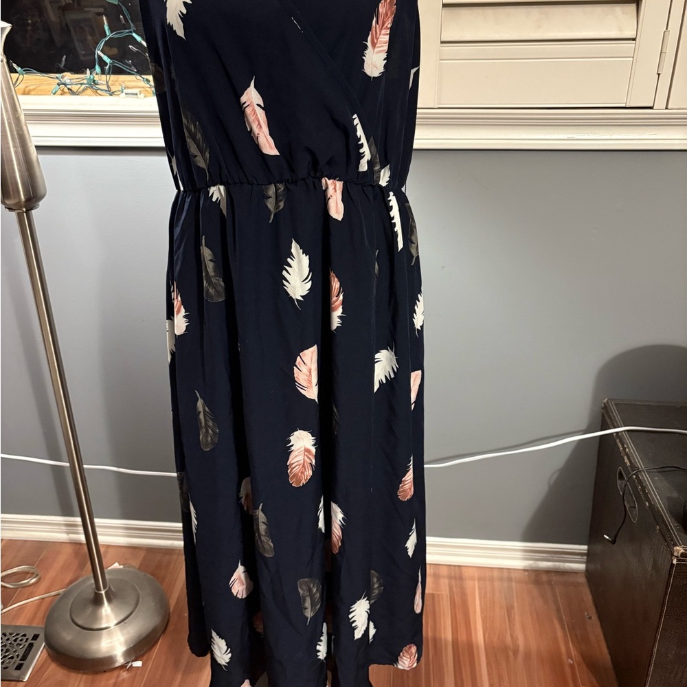 Navy Feather Print Maxi Dress